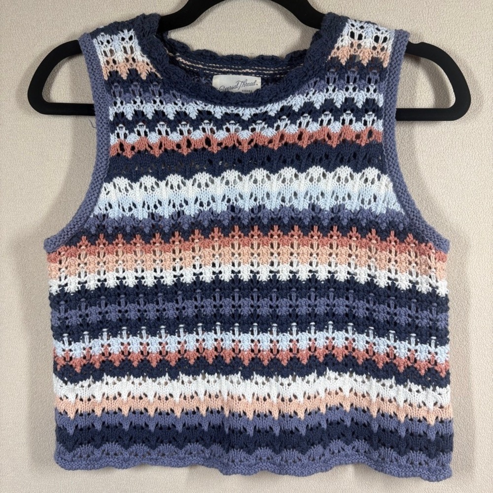Universal Thread Womens Crochet Knit Sweater Vest Small Blue Coral Coastal Chic